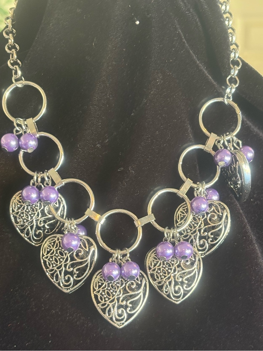 Silver Filigree Heart Statement Necklace with Purple Beads